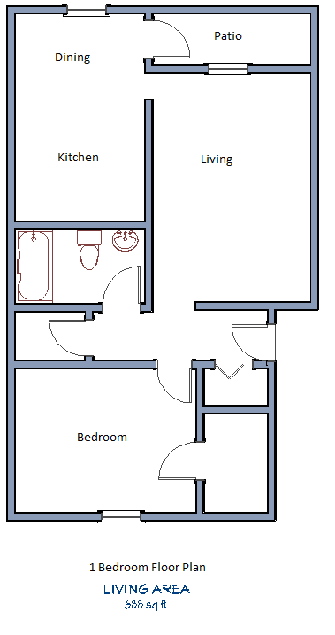 Floor plan for 1 bed, 1 bath, 980 sqft
